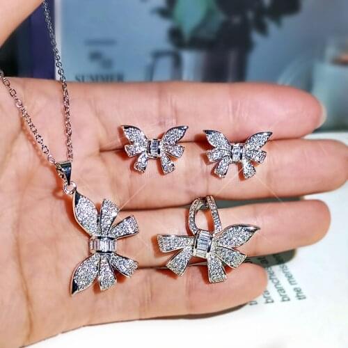 Silver Color Bowknot Jewel Set with Bling ZIrcon Stone Long Chain Necklace Ring Stud Earrings for Women Fashion Jewelry 2021