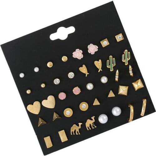 Ethnic Alloy Heart Resin Flower Crystal Stud Earrings 20 Pairs Enamel Brincos Ball Pearl Stud Earrings Mixed Jewelry