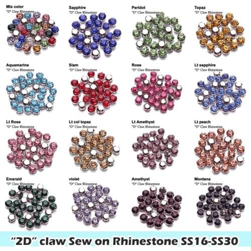 New 17 colors "D" Claw Sew on Rhinestone SS16/SS18/SS20/SS25/SS30 k silver claw glass stones for dresses decoration free shiping