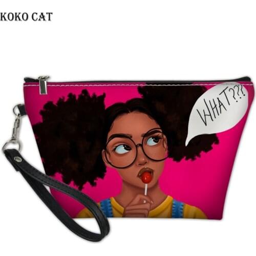 Koko cat Black Art Afro Lady Girls Print Make Up Bag Organizer for Cosmetics Women Makeup Case Travel Necessaire Cosmetic Bag