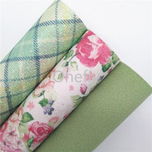Onefly 21X29CM Tartan Printed Glitter Fabric, Flowers Faux Leather Glitter Fabric Sheets For Bow DIY handbags shoes BQ077
