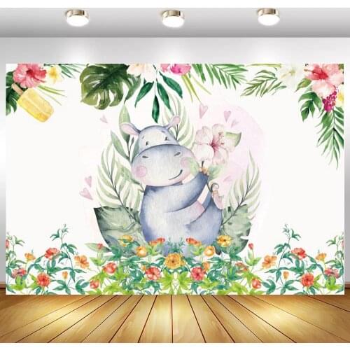 Tropical Leaves Flowers Hippo Baby Shower Photography Backdrops Newborn Baby 1st Birthday Cake Table Decor Photo Background