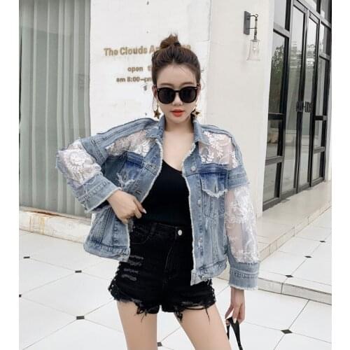 Spring women fashion loose lace patchwork tassel ripped denim outerwear female trendy short design tassel jean cotton jacket