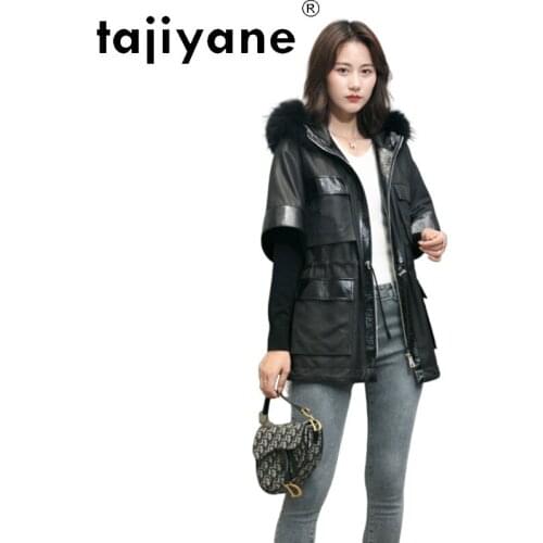 Tajiyane womens genuine leather jackets woman fashion real sheepskin coat natural raccoon fur collar hooded parkas casaco TN300