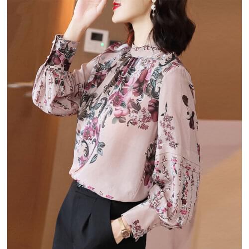 Womens Spring Autumn Style Blouses Shirts Womens Long Sleeve Printed Turtleneck Button Elegant Casual Tops SP719