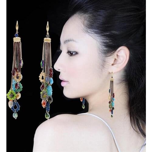 Elegant Crystal Beaded Long Drop Tassel Earrings Blue red colorful boheme Handmade Chain Statement Women fashion Boho Jewelry