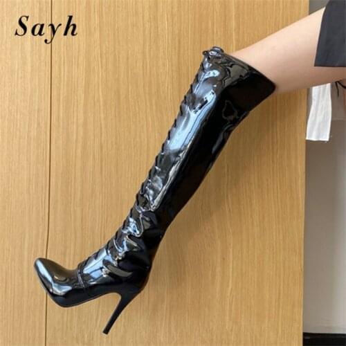 Winter Sexy Woman Over The Knee Boots Lace Up Zipper Pointed Toe High Heel Thigh Bootie Serpentine catwalk stage nightclub Shoes