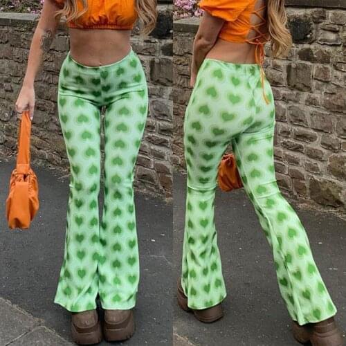 Female Green Casual Flared Trousers Heart-Shaped Print High-Waist Flared Trousers For Shopping and Dating In Spring and Summer