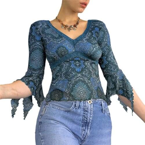 Y2k Vintage Floral Print Long Sleeve Crop Top Women Slim Knitted T Shirt Retro Style Chic Grunge Aesthetic Streetwear