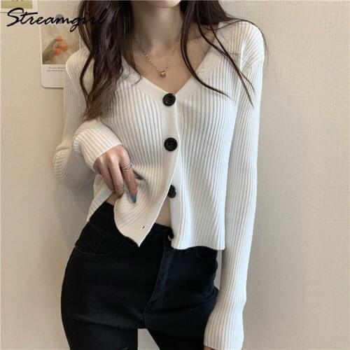 Women Knitted Cardigan Crop Top Autumn Winter 2021 Womens Cardigans Button Up Cropped Cardigan Knitted Sweater Korean For Women