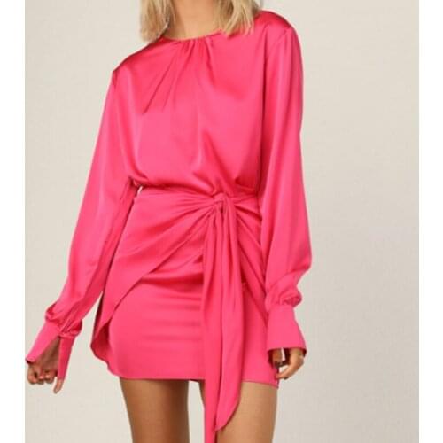 YENKYE 2021 Autumn Fashion Women Rose Red Satin Bow Dress Long Sleeve Round Neck Ladies Mini Dress Casual Vestido