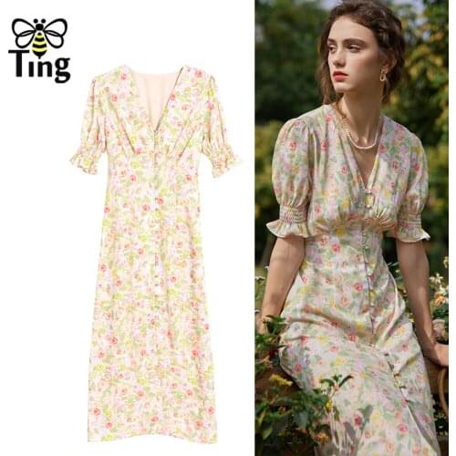 Tingfly Vintage Floral Printing Single Breasted Button Up Midi Long Dresses France Chic Summer Bohemian Casual Retro Urban Robes