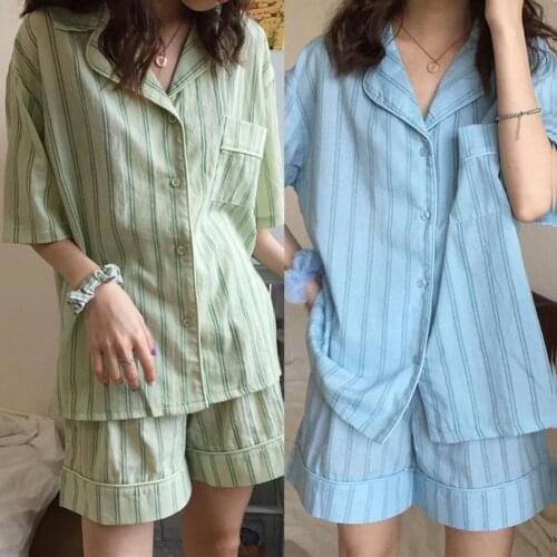 2021 1Set summer Women Pajama Striped Design All-match Soft Tops Shorts Pajama Set for Home Large Size Ladies Sleepwear traf