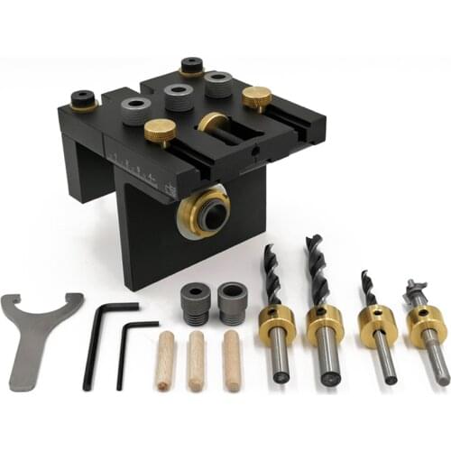 3 In 1 Aluminum Dowelling Jig Kit with 6/8/10/15mm Bit, Wrench, Log Tenon Hole Punch Locator Woodworking Hole Opener Positioning