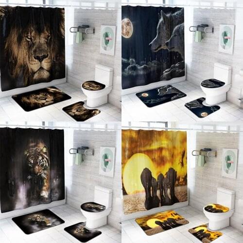 3D Animal Print Shower Curtain Set Mat Bathroom Waterproof Curtain Tiger Elephant Toilet Cover Bath Mat Rug Bathroom Curtain Set