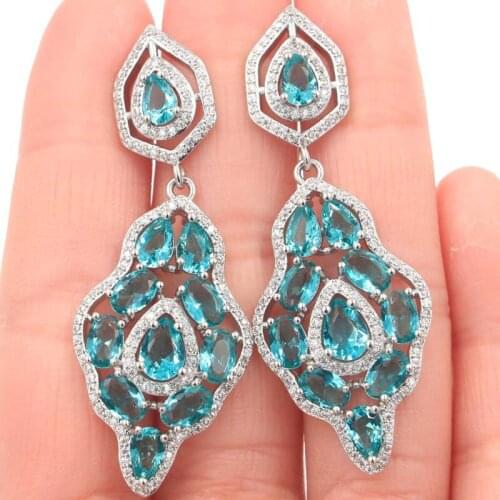 60x28mm Super Big European Design 16.3g Created Paris Blue Topaz CZ For Ladies Bride Wedding Silver Earrings Dating