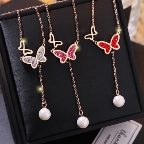 Stainless Steel Grace Zircon Stone Butterfly Pearl Pendant Necklace Women Long Chain Pearl Necklace Gift For Him