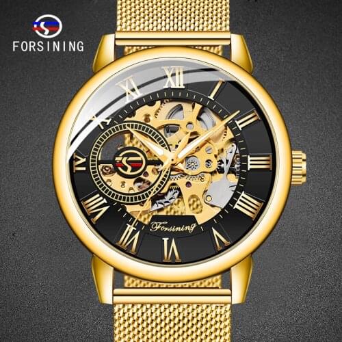FORSINING Top Luxury Casual Men watches Classic Skeleton Mechanical Watch Ultra Thin Mesh Strap Business Mens Watches
