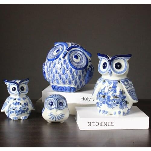 Jingdezhen Blue And White Porcelain Handicrafts Home Furnishing Owl Ornament Office Desk Top Housewarming Ceremony