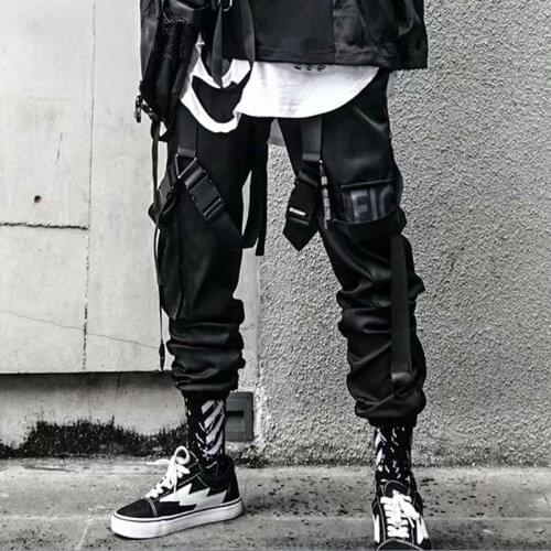 2021 Joggers Cargo Pants for Men Casual Hip Hop Hit Color Pocket Male Trousers Sweatpants Streetwear Ribbons Techwear Pants
