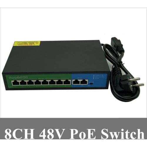 IP Camera CCTV 10Port 48V 8 PoE Injector Power Over Ethernet Switch 120W IEEE802.3af/at 1,2+/3,6- Power Adapter Inside