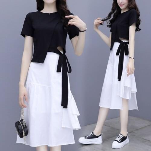 Summer irregular T mid-length Skirt Set high waist slimming suit summer two-piece suit ensemble femme survetement