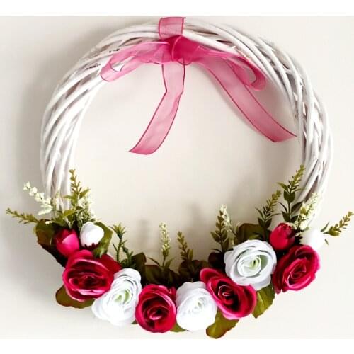Ribbon, Door And Wall Decoration With Pink, White Artificial Roses