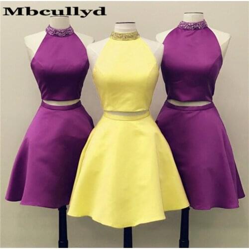 Mbcullyd 2020 Two Piece Prom Dresses With Beading Neck Yellow Satin Under 100 Sexy Knee Lenght Cocktail Dress Party For Women