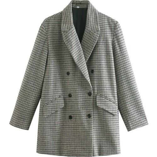 Merodi Women Autumn Houndstooth Vogue Double Breasted Mg Long Blazers Outwear Female Casual Long Sleeve Plaid Loose Jackets