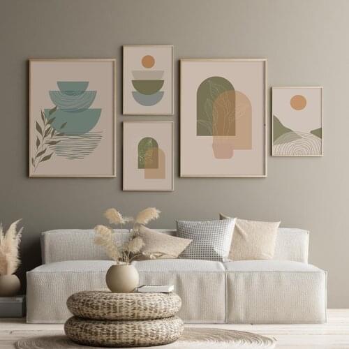 Simple Nordic abstract geometry Morandi color sun and moon lines leaf porch murals poster printed canvas decorative painting