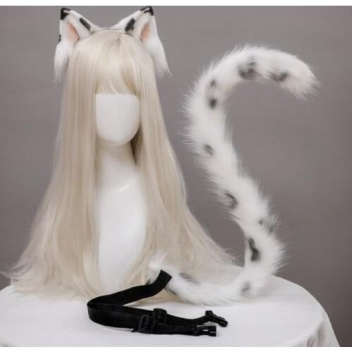 Cosplay Furry Animal Cat Ears Hair Hoop Cow Pattern Tail Set Lolita Long Fur Headpiece for Halloween Party Decoration
