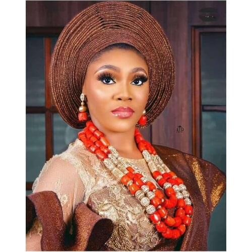 Luxury Nigerian Wedding African Coral Beads Jewelry Set 3 Layers Gold Women Bridal Coral Necklace Jewelry Set CNR055
