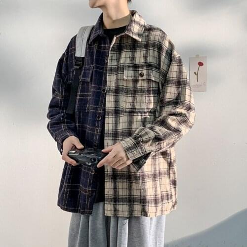 Patchwork Plaid Shirts For MenS Spring Autumn Fashion Designer Brand With Pocket Streetwear Hip Hop Clothes