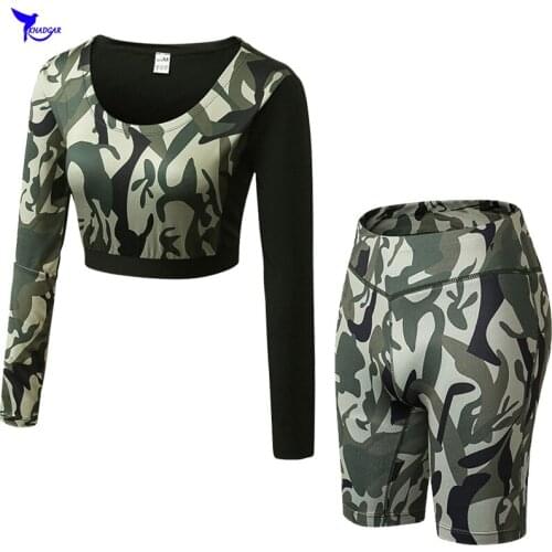 Long Sleeve Crop Tops+Shorts Women 2 Pcs Running Yoga Set Camouflage Gym Fitness Clothing Sport Suit Workout Jogging Sportswear