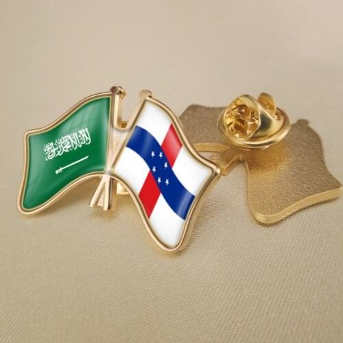 Saudi Arabia and Netherlands Antilles Crossed Double Friendship Flags Lapel Pins Brooch Badges
