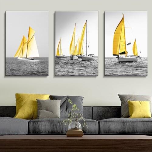 Nordic Simple Canvas Painting, Golden Sailboat Poster, Wall Painting, Boat, Mural, Seascape Painting, Printing Canvas, Thickenin