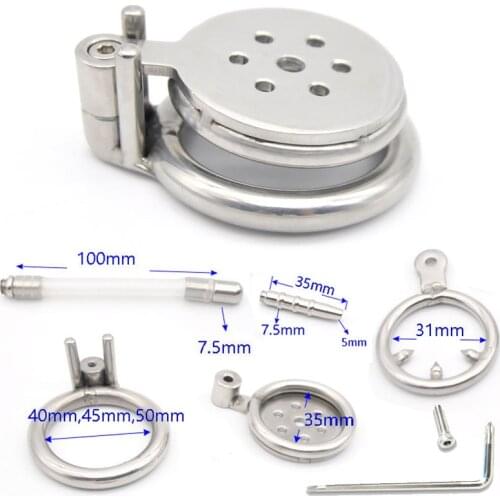 Super Small Stainless Steel Male Cock Penis Trumpet Cage Chastity Device Anti-Off Ring Urethral Catheter V4 Lock