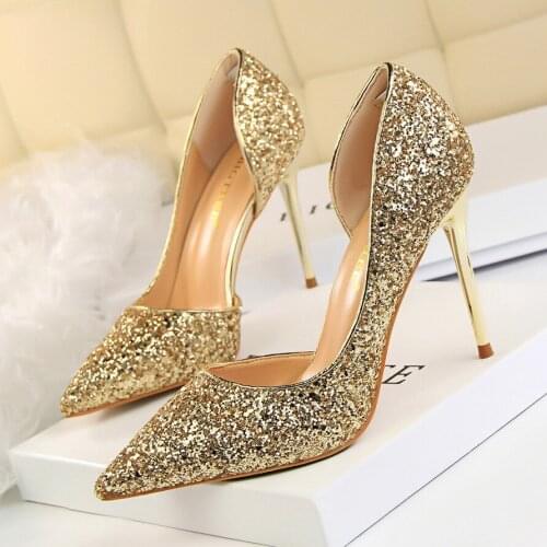 New Sexy Nightclub Slim Womens Shoes Stiletto High-heeled Shallow Mouth Pointed Toe Side Hollow Sequin Shoes Pumps Wedding Shoe
