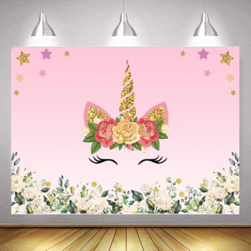 Spring Cartoon Unicorn Flower Studio Photography Pink Background Cloth Girl Birthday Party 3D Children Photo Digital Backdrop