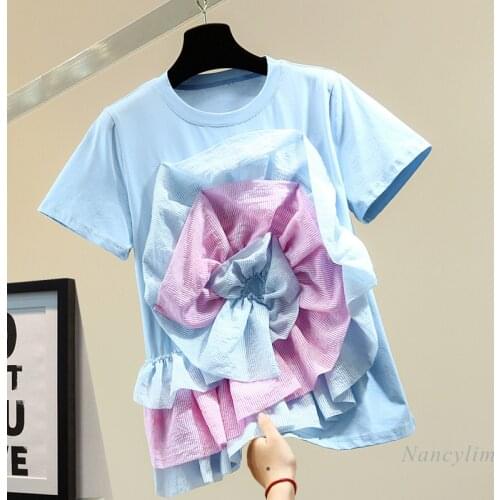 Three-Dimensional Flower Short-Sleeved T-shirt Woman 2021 Spring and Summer Fashion All-Matching Tee Blusas Ladies Chic Top