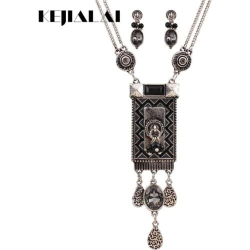 KEJIALAI Trendy Ethnic Women Jewelry Sets Metal Vintage Rectangle Statement Big Dangle Necklace Earings Jewelry Sets QD-N3468