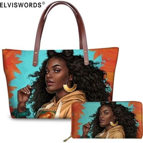 ELVISWORDS Women Bags Black Art Girl Printing Shoulder Bags 2pcs/set Female Top-handle Handbags Leather Purse Totes Bolsa Mujer