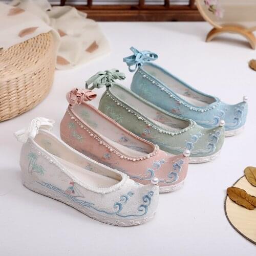 Womens Embroidery Floral Hanfu Flats Shoes Chinese Styles Wedding Cosplay Bowtie 4Colors New 2021