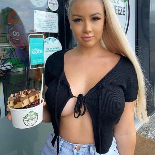 Womens Summer Knotted Tie Front Short Sleeve Crop Top Knit Sweater Cardigan Black Blue Spring Soft Sweater Tops