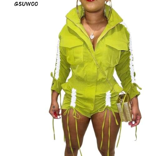 Gsuwoo Womens Casual Stitching Drawstring Long Sleeve Green Playsuits Autumn Spring Pockets Tie Up One-piece Overalls Rompers