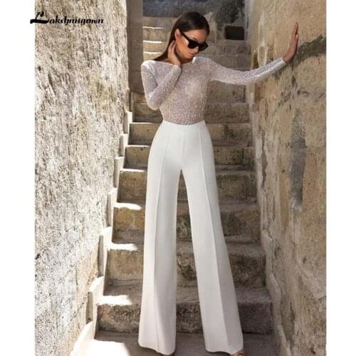 Jumpsuit Wedding Dresses Sheath Jewel Neck Bling Bling Sequins Long Sleeve Bridal Gowns Wedding Dress Vestido De Noiva