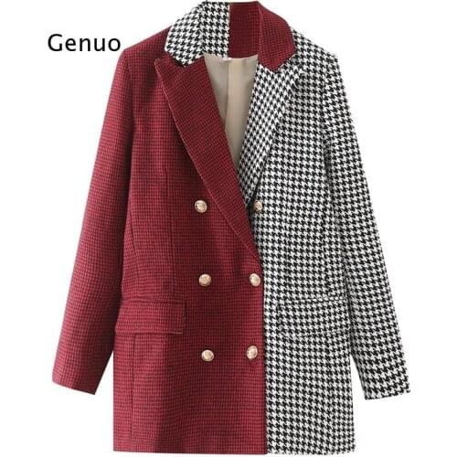 Women Tailored Coat Blusas Houndstooth Blouses Color Matching Jacket Pockets Autumn Long-Sleeved Shirt Metal Button Mid-Length