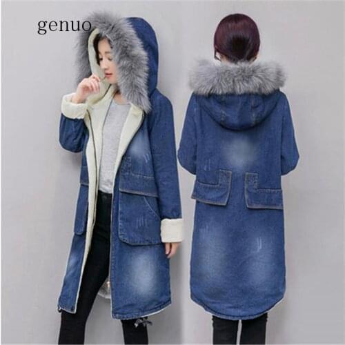 Winter Hot Sale 2019 New Mid-Long Section Thickened Denim Coat Slim Cotton Jacket Female Hooded Fur Collar Denim Jacket