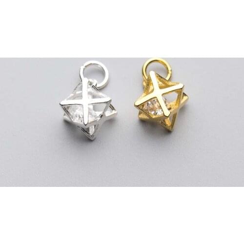 925 Sterling Silver Hollow Cubic Geometry Cage Charms 13x7mm Gold Silver Color Pendants DIY Craft Earrings Women Jewelry Making