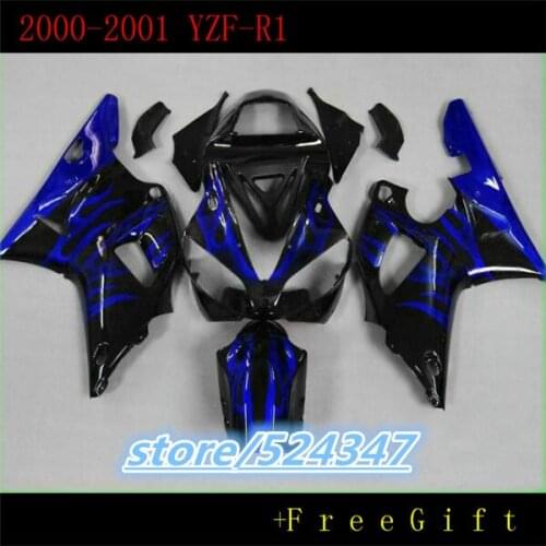 B Fits 100% fairings 2000 2001 YZFR1 blue flames black Fairings For YZFR1 2000 2001 Fairing Fit For